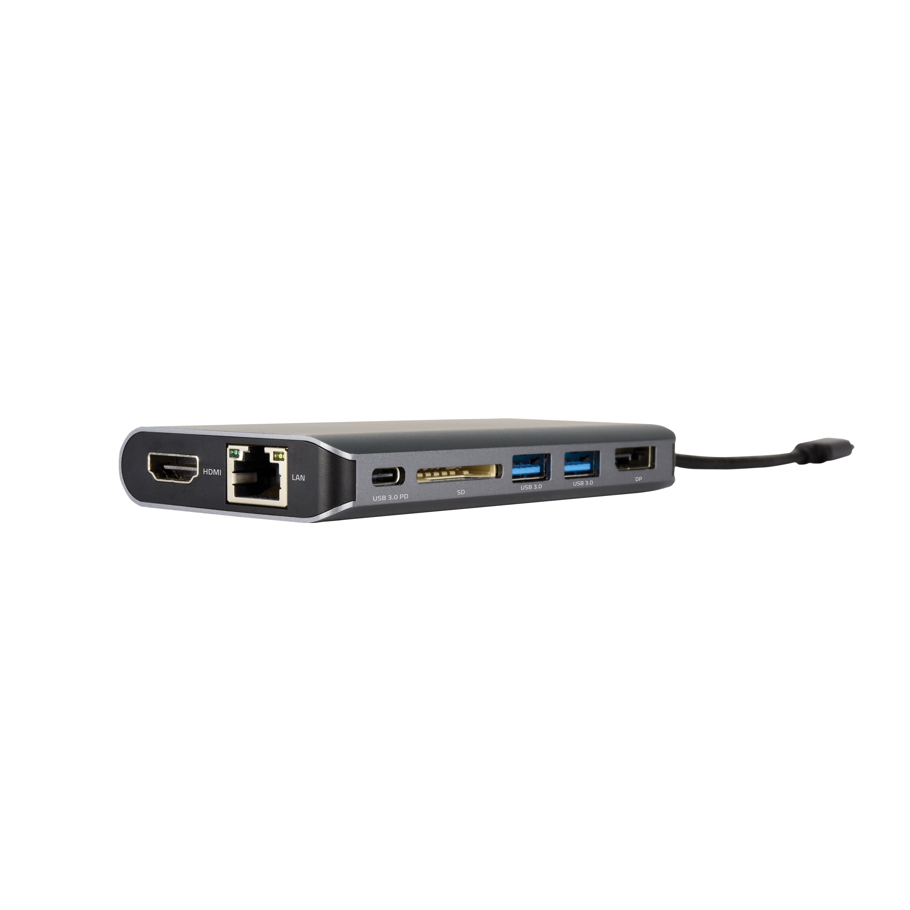 Kramer USB–C Hub Multiport Adapter; 4K@30 HDMI output, 4K@30 DisplayPort output, USB 3.0 data and charging port, Ethernet port, USB–C data port and charging pass–through