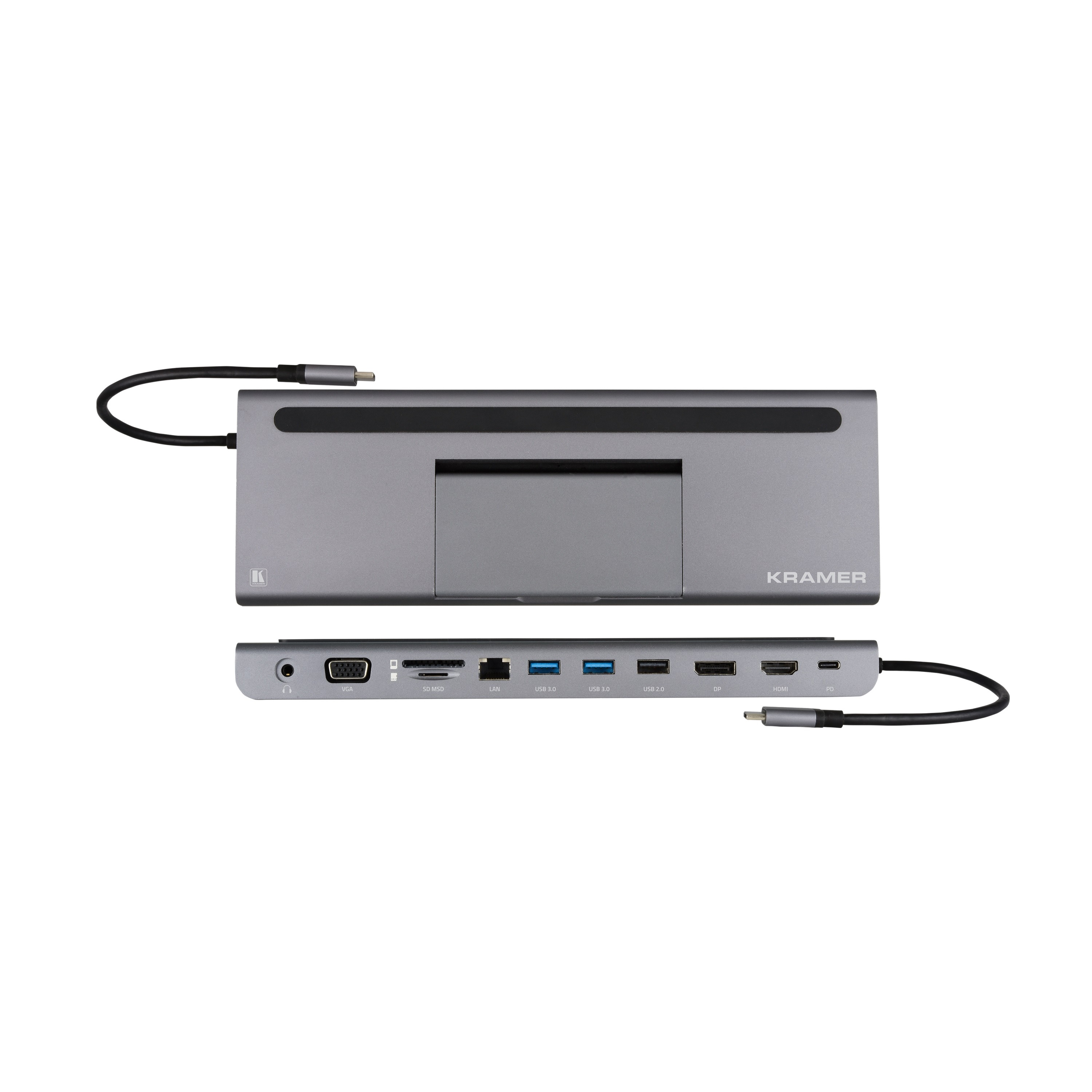 Kramer Docking station USB–C - Salida HDMI 4K - Salida DisplayPort 4K- Salida VGA - Puerto de carga y datos USB 3.0 - Puerto Ethernet -Puerto de datos USB–C y paso de carga-Puertos SD y MicroSD
