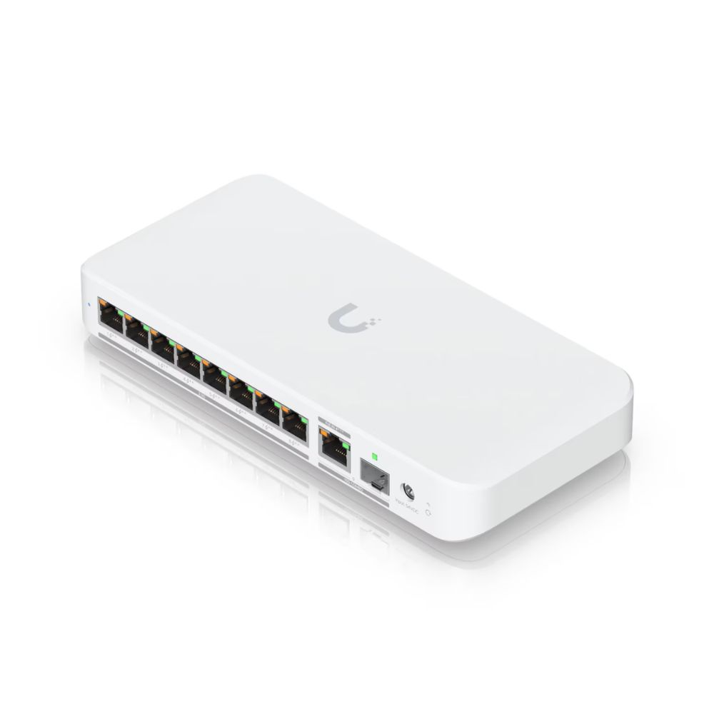 Ubiquiti Flexible, 8-port 2.5 GbE PoE++ switch with a 10 GbE RJ45/SFP+ combination uplink port that can be powered with PoE+++ or an AC power adapter.